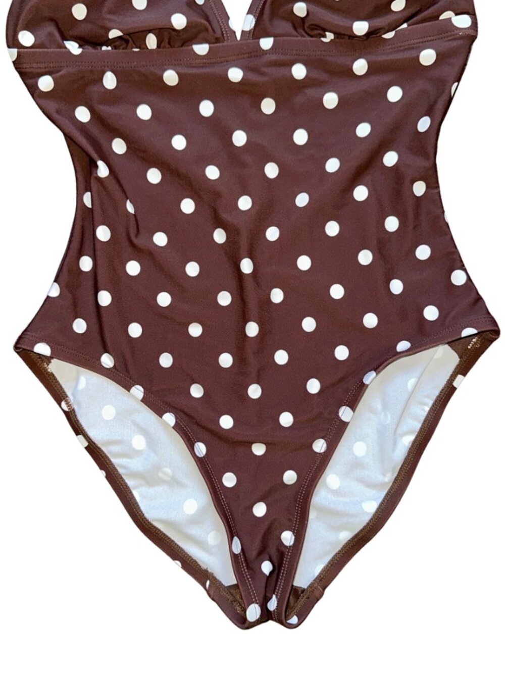 Shade & Shore Brown White Polka Dot Lined One Piece Swimsuit Small - Picture 9 of 10